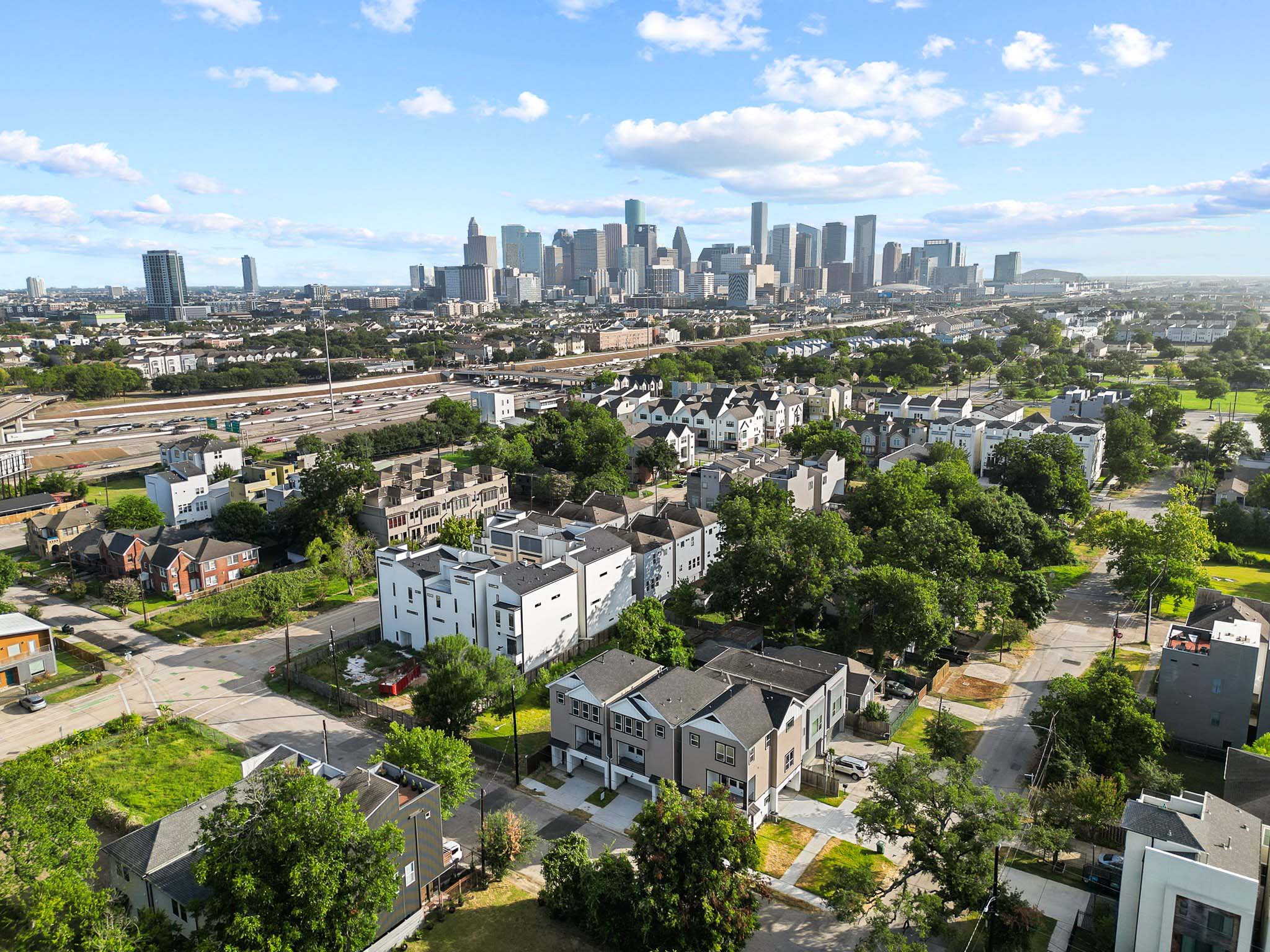 Drone Shot of Berry Grove overlooking the Houston Skyline